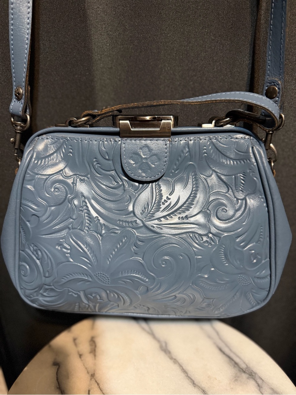 Patricia Nash Blue Gracchi Tooled Leather Floral Crossbody Bag